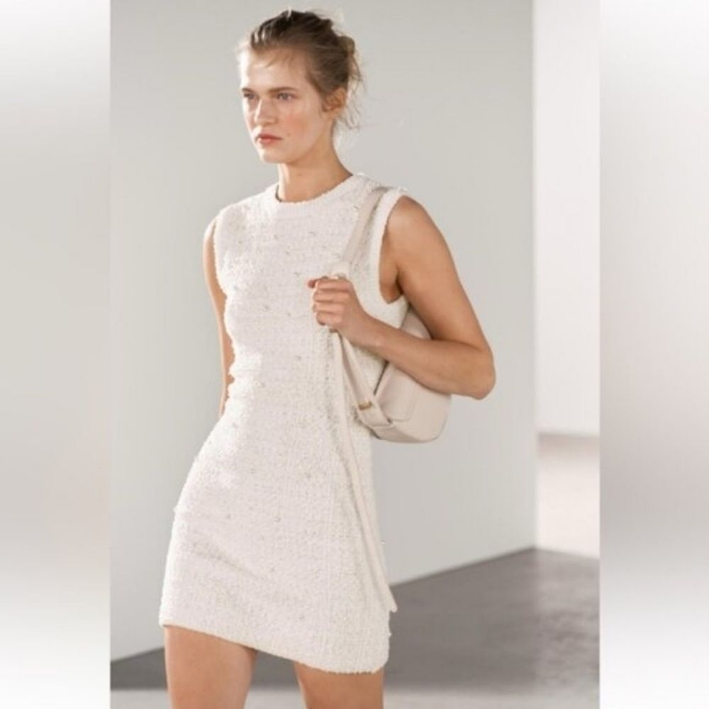 NWT ZARA TWEED PEARL TEXTURED MINI DRESS